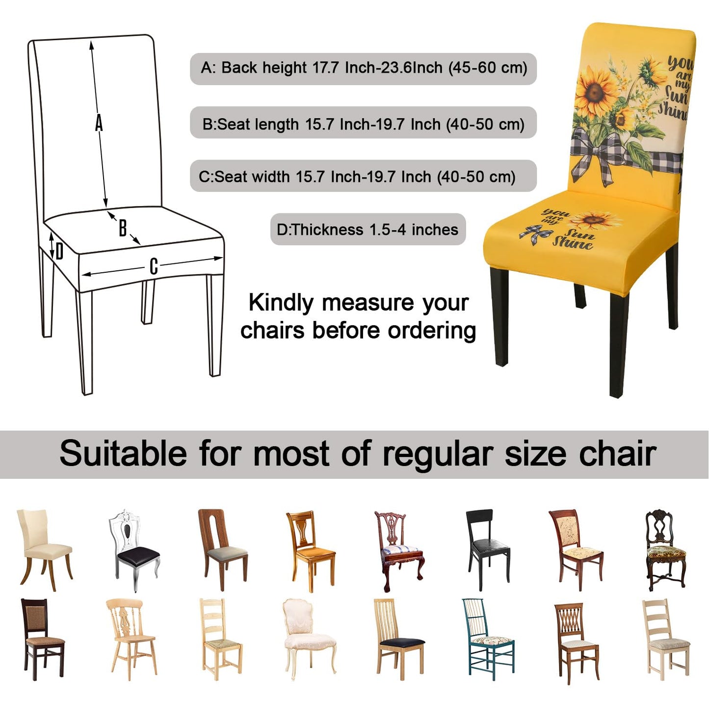 Size measurement guide showing suitable dimensions for Parsons dining chair cover