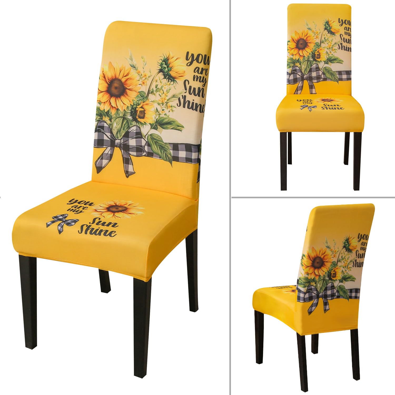 Front and side view of sunflower printed elastic dining chair cover