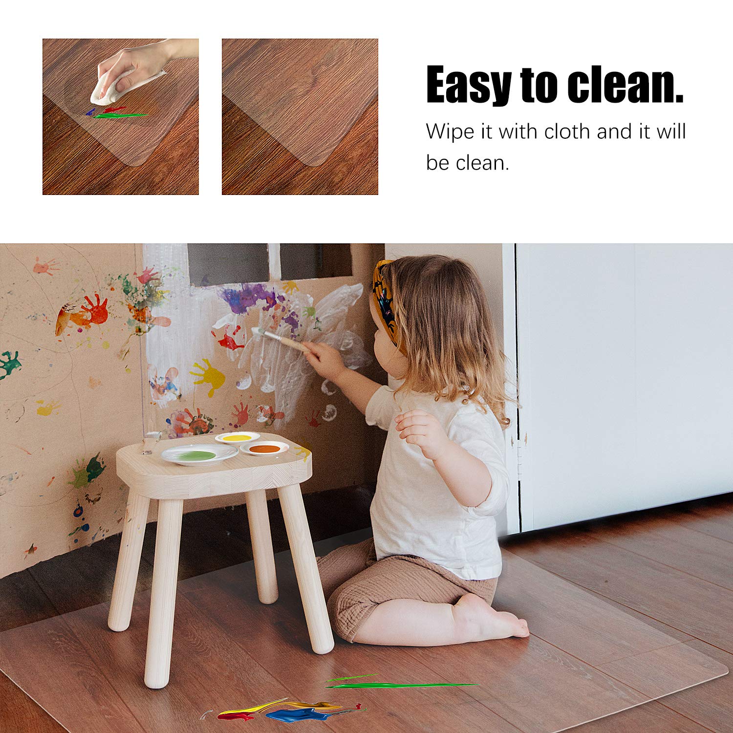 Easy to clean Kuyal transparent chair mat being wiped with a cloth on a wooden floor.