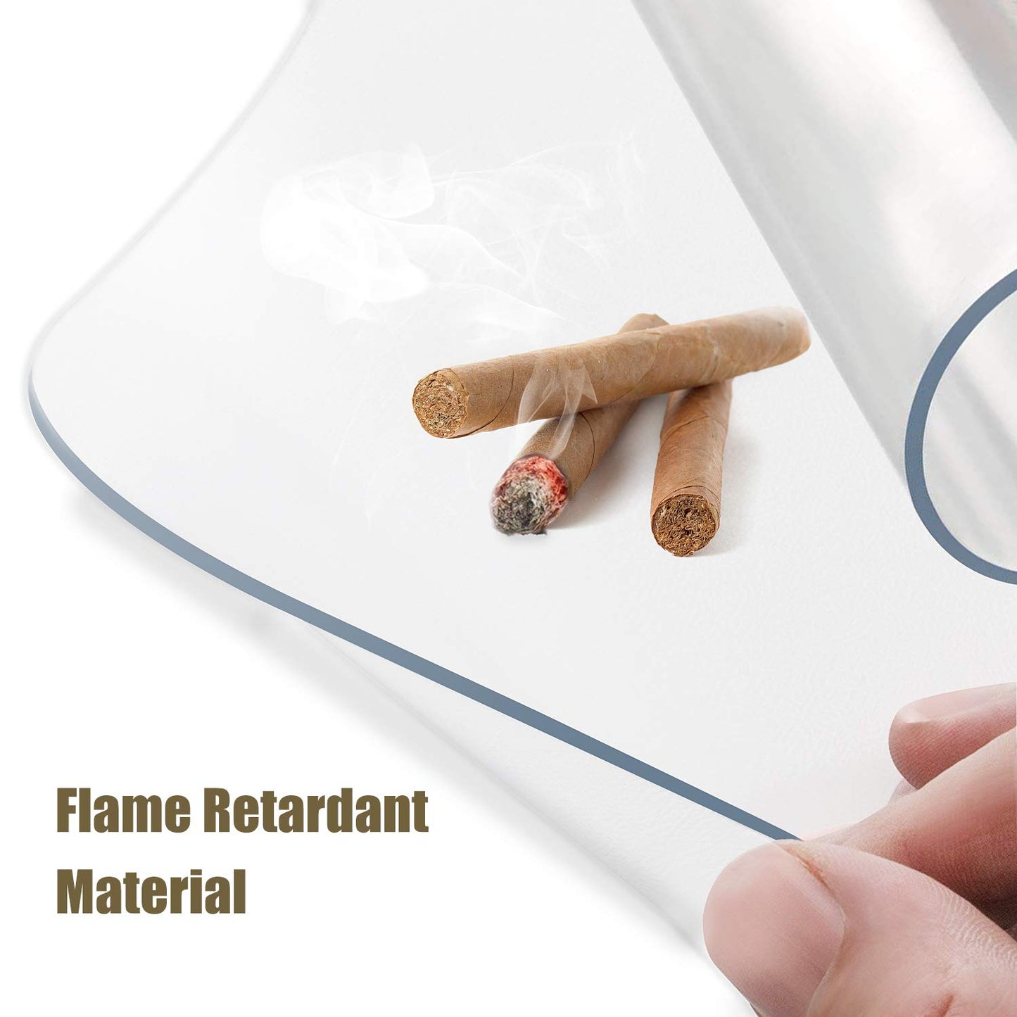 Kuyal clear chair mat highlighting safe flame-retardant material properties.