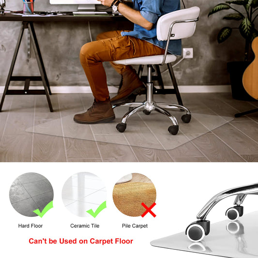 Kuyal chair mat floor compatibility showing hard floor and ceramic tile support, but not for pile carpet.