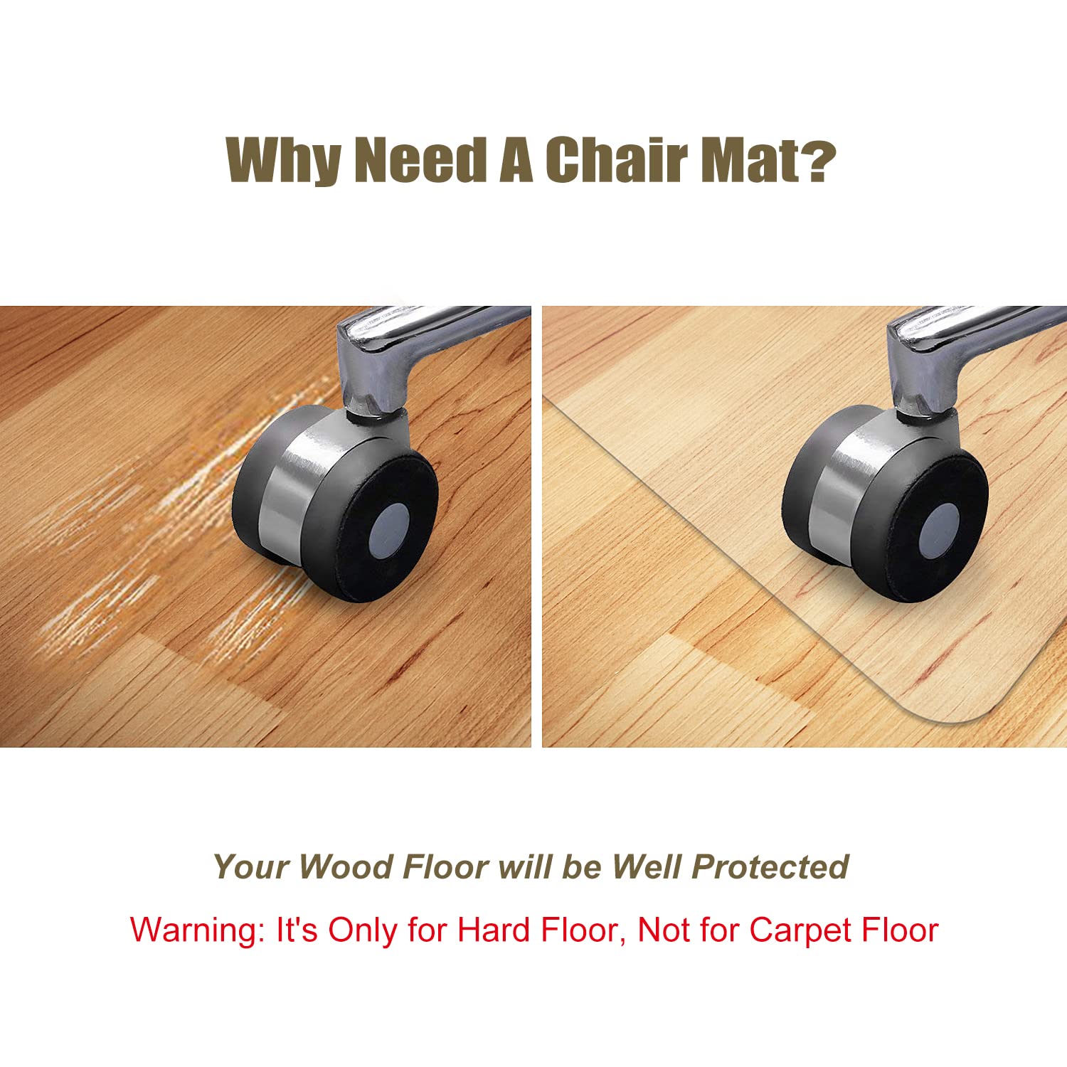 Comparison of office chair wheel on hard floor with and without a Kuyal chair mat, highlighting floor protection.