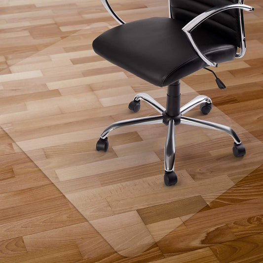 Black office chair on a clear mat over a wooden floor.