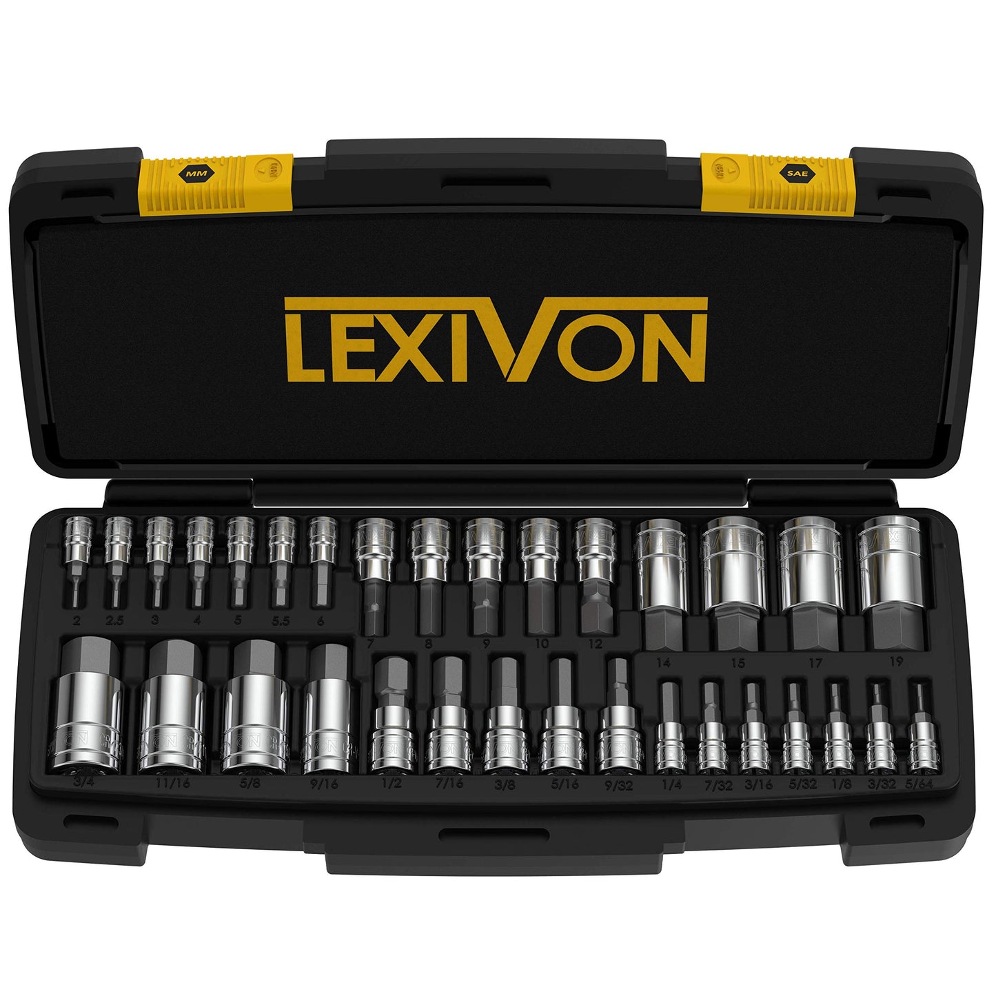 LEXIVON 32-Piece Master Hex Bit Socket Set (LX-144) featuring SAE and Metric bits in a durable black and yellow storage case.