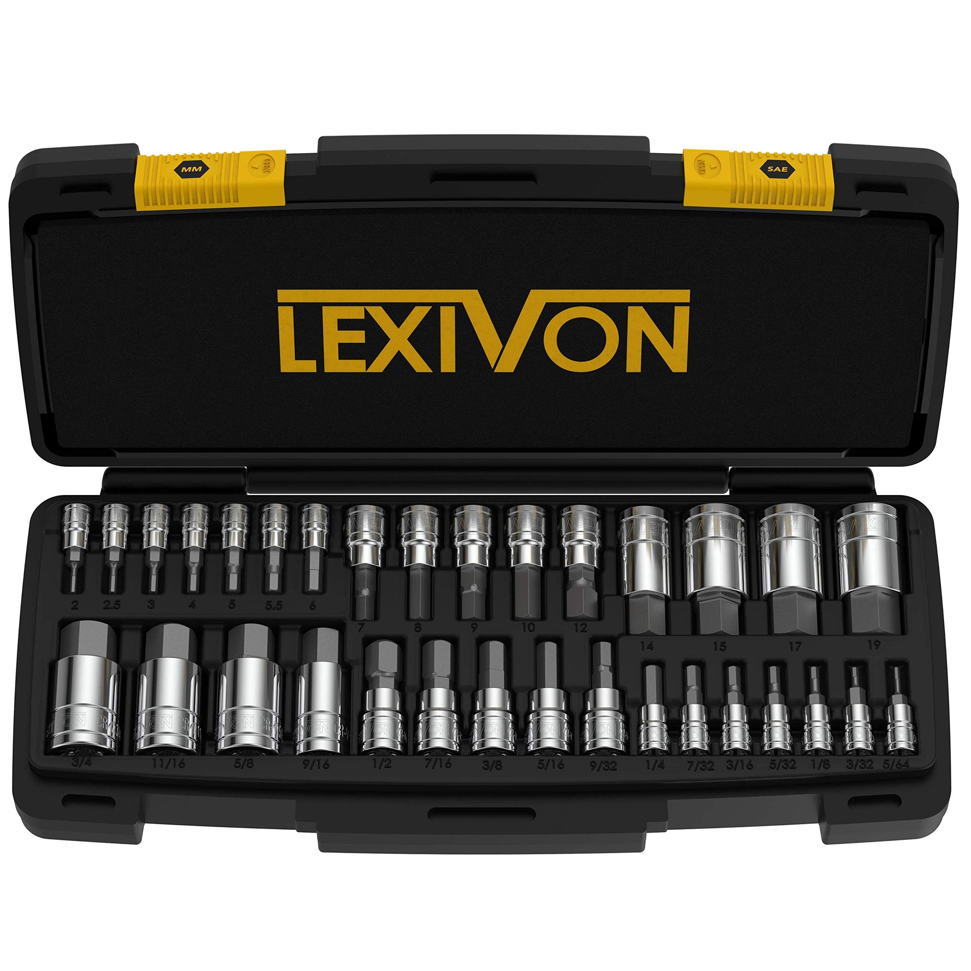 LEXIVON 32-Piece Master Hex Bit Socket Set (LX-144) featuring SAE and Metric bits in a durable black and yellow storage case.