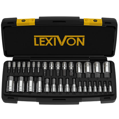 LEXIVON 32-Piece Master Hex Bit Socket Set (LX-144) featuring SAE and Metric bits in a durable black and yellow storage case.