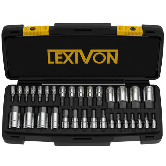LEXIVON 32-Piece Master Hex Bit Socket Set (LX-144) featuring SAE and Metric bits in a durable black and yellow storage case.
