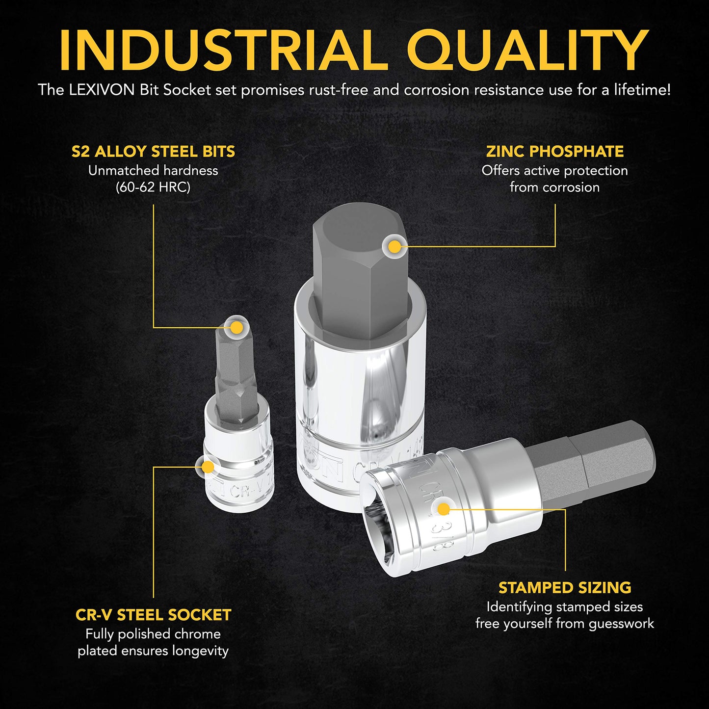 LEXIVON Master 32-Piece Hex Bit Socket Set industrial quality features highlighting S2 alloy steel bits, zinc phosphate coating, and Cr-V steel sockets.