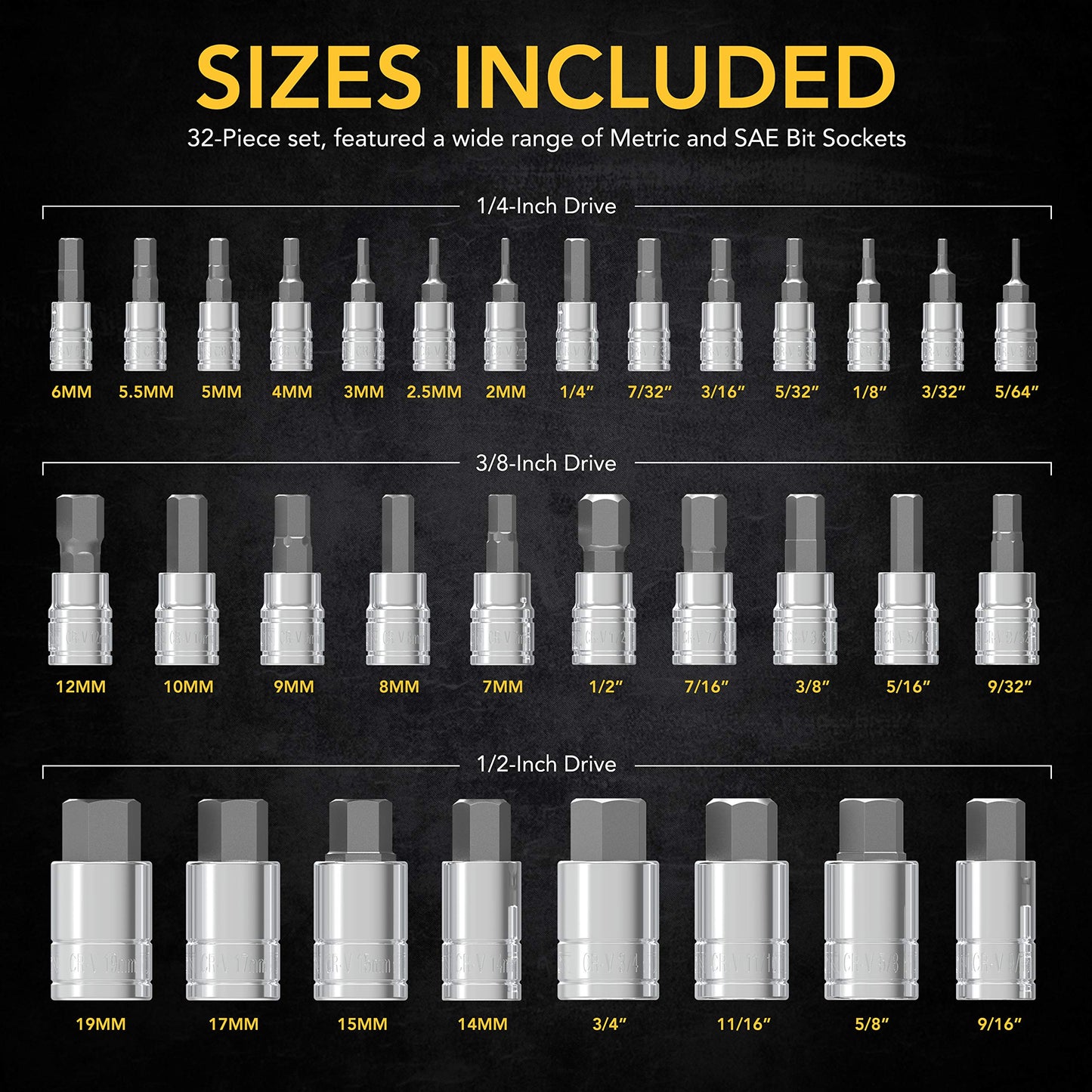 LEXIVON Master 32-Piece Hex Bit Socket Set sizes included chart showing complete 1/4-inch, 3/8-inch, and 1/2-inch SAE and Metric socket options.