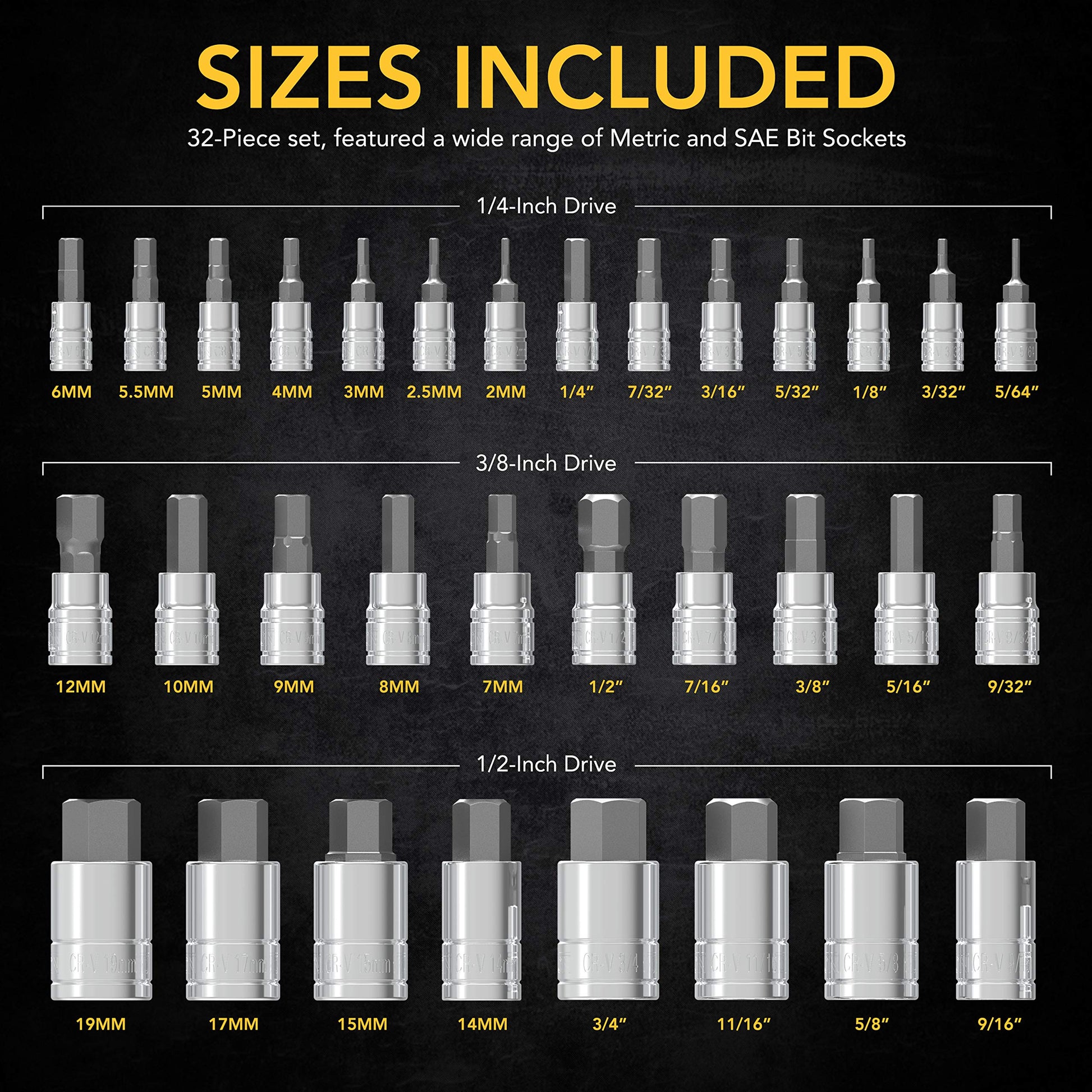 LEXIVON Master 32-Piece Hex Bit Socket Set sizes included chart showing complete 1/4-inch, 3/8-inch, and 1/2-inch SAE and Metric socket options.