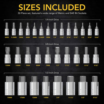 LEXIVON Master 32-Piece Hex Bit Socket Set sizes included chart showing complete 1/4-inch, 3/8-inch, and 1/2-inch SAE and Metric socket options.