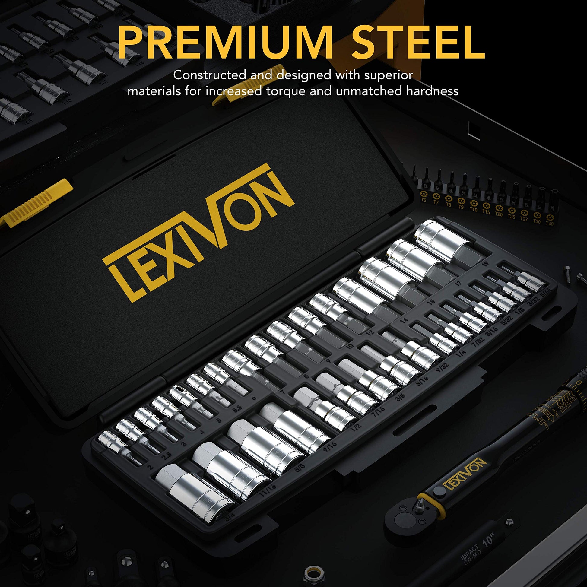 LEXIVON Master 32-Piece Hex Bit Socket Set featuring premium S2 alloy steel and Chrome Vanadium bits in a black and yellow storage case.