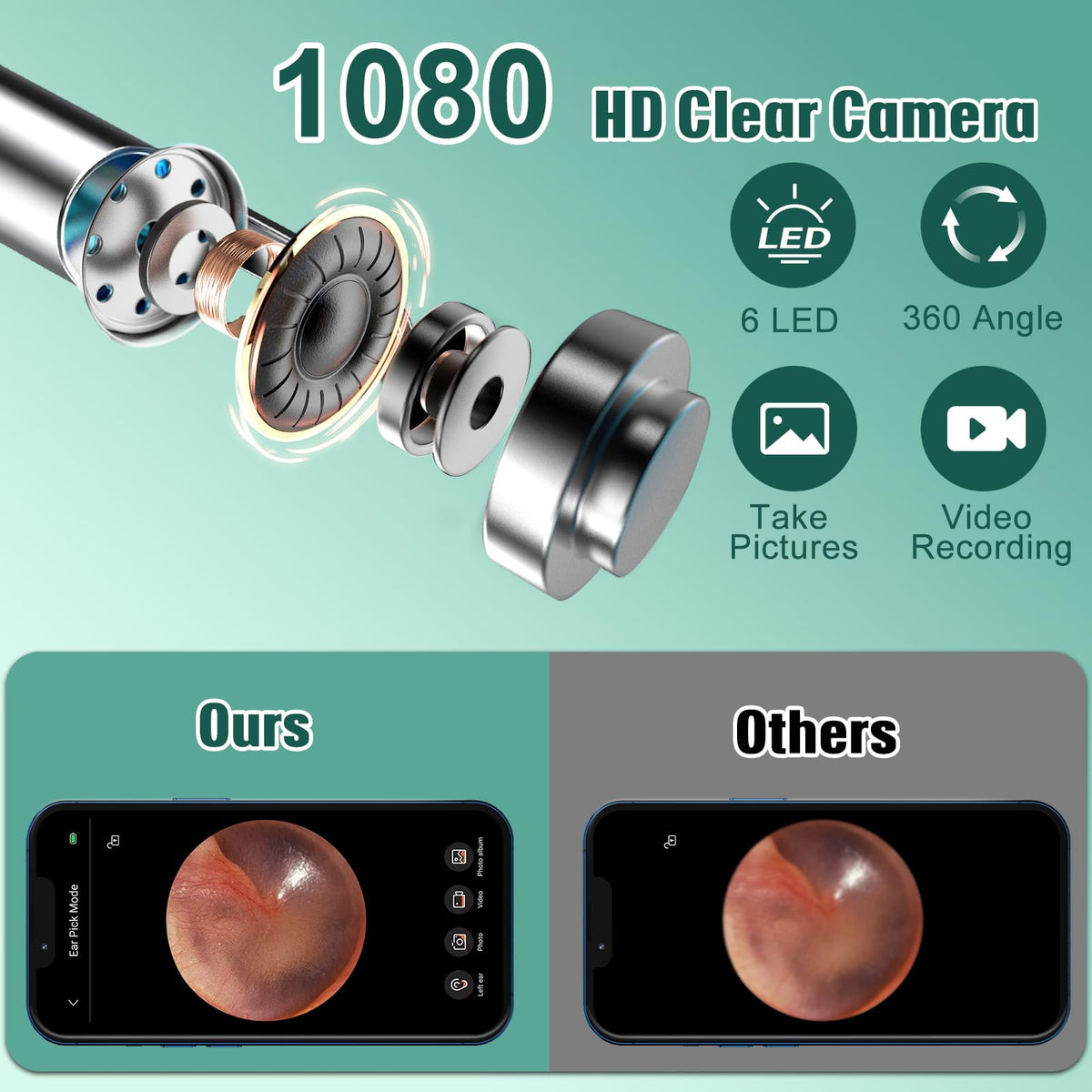 LMECHN wireless otoscope 1080P HD clear camera with 6 LED lights, 360-degree angle, and app view comparison