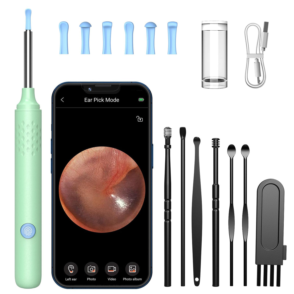 LMECHN Ear Wax Removal Tool Camera 1080P Otoscope 6 LED Lights, Green
