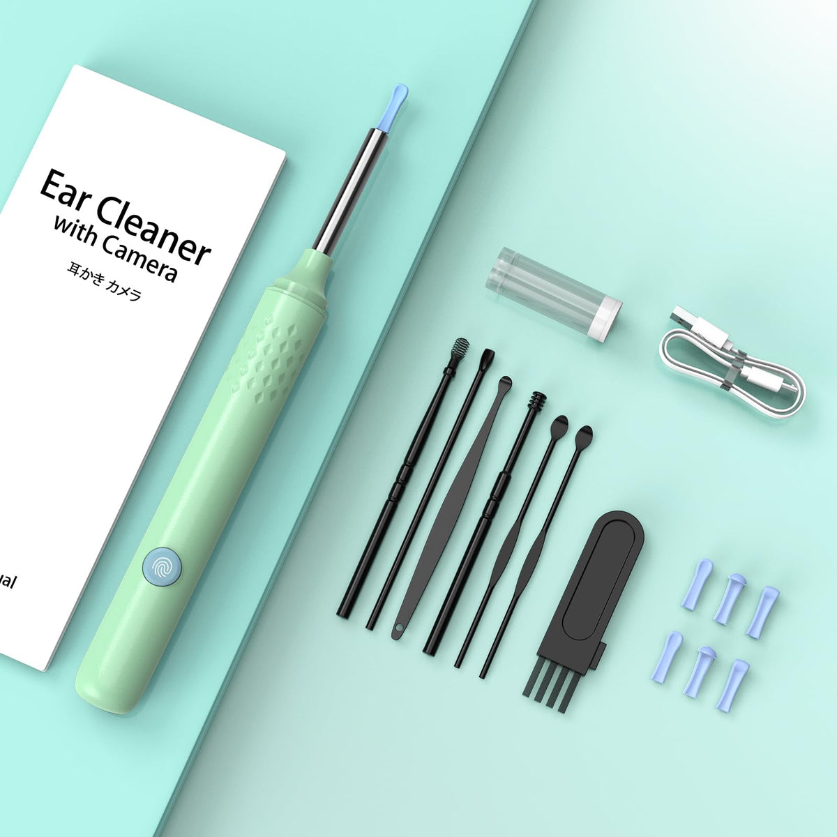 LMECHN wireless otoscope package contents showing device, charging cable, user manual, and multiple replacement soft ear spoons