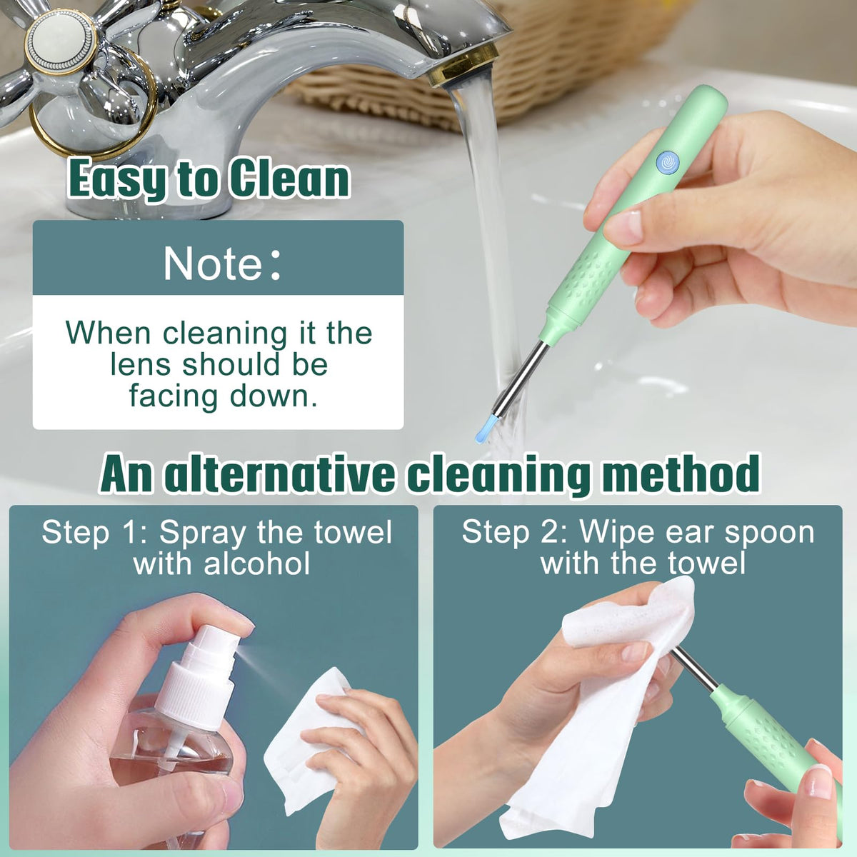 LMECHN Otoscope IP67 waterproof camera lens detail showing cleaning instructions