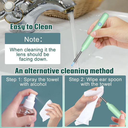 LMECHN Otoscope IP67 waterproof camera lens detail showing cleaning instructions