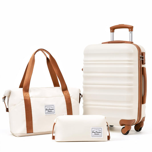 Set of cream-colored luggage with brown accents including a 20-inch carry-on suitcase, duffel bag, and toiletry bag on a white background