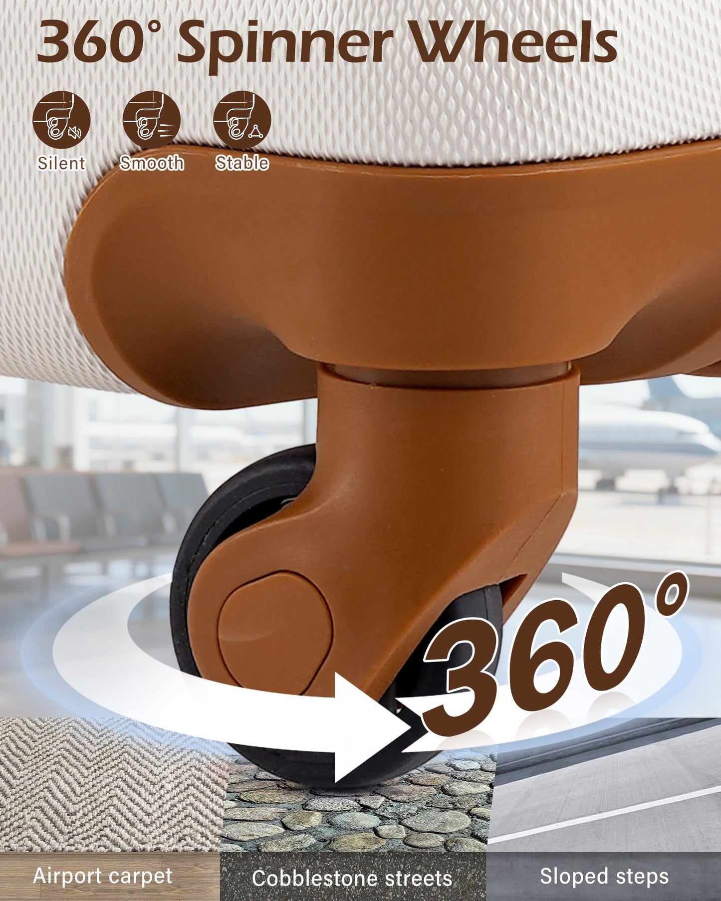 Close-up of a brown accent 360-degree spinner wheel on the Long Vacation hardside luggage, tested on various surfaces like airport carpets and cobblestone streets