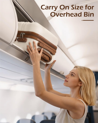 Woman placing a cream-colored 20-inch hardside carry-on suitcase into an airplane overhead bin with text 'Carry On Size for Overhead Bin'