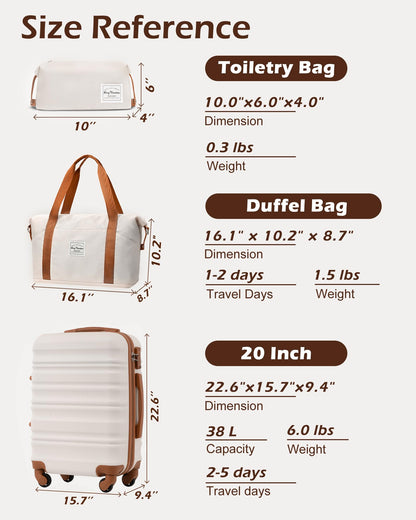 Size reference chart for toiletry bag, duffel bag, and 20-inch suitcase with dimensions and weight.