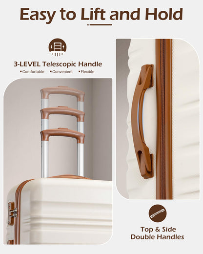 Suitcase with telescopic handle and top & side double handles, emphasizing ease of use.