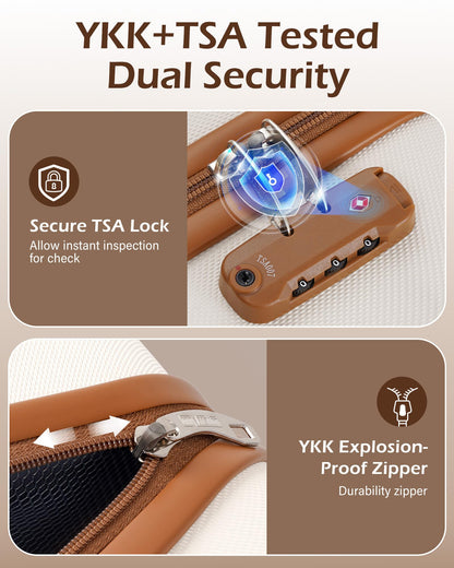 Brown hardside suitcase featuring a secure TSA lock and YKK explosion-proof zipper on a beige background for enhanced travel security