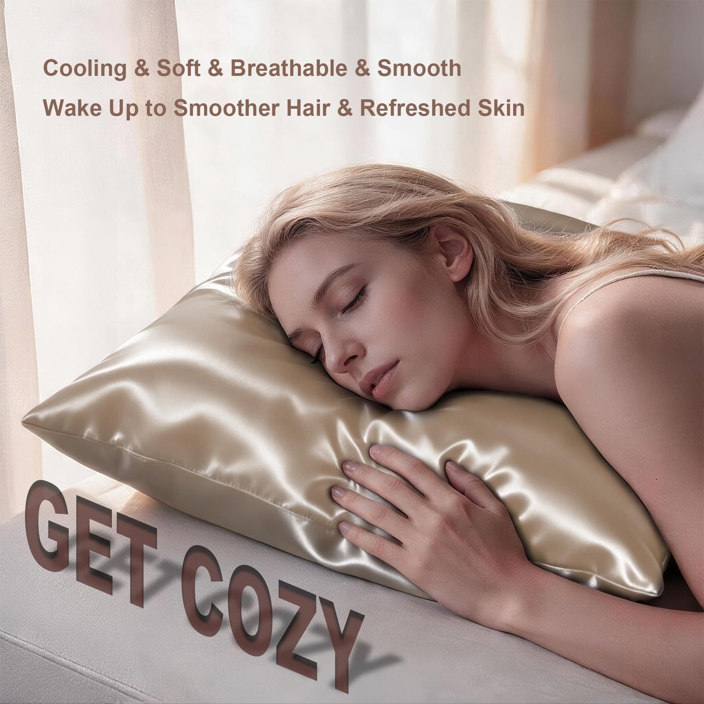 Woman resting comfortably and sleeping on a cooling champagne mulberry silk pillowcase