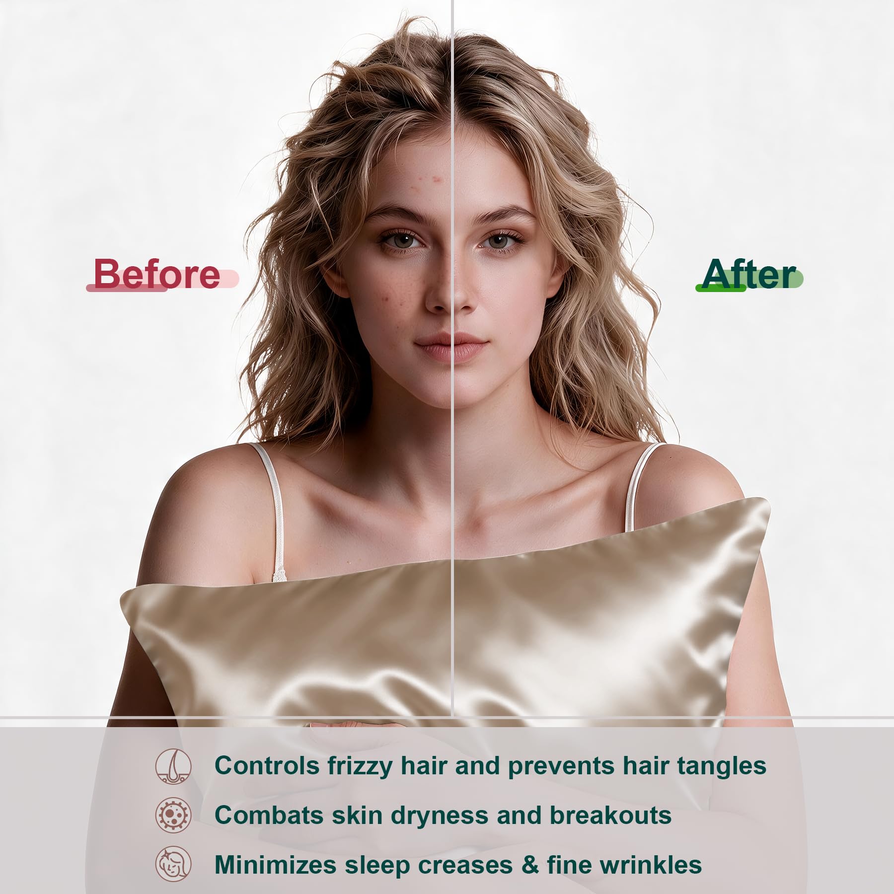 Before and after comparison showing the benefits of LYSHIN mulberry silk pillowcase in preventing frizz, breakouts, and fine wrinkles