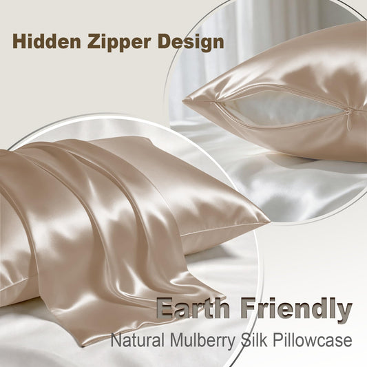 LYSHIN mulberry silk pillowcase featuring a smooth hidden zipper design in champagne color
