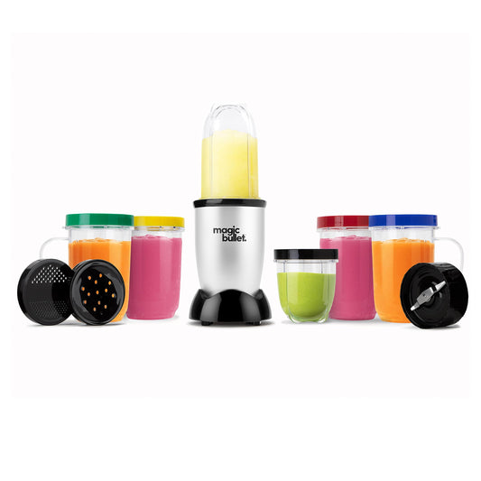 Magic Bullet 17-piece complete set components including power base, cups, blades, and lids