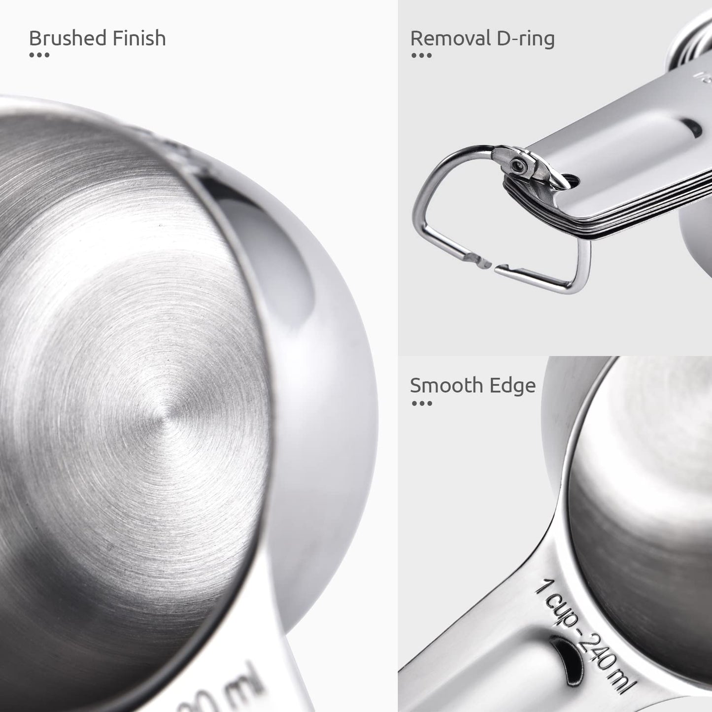 Close-up of a measuring cup with details on brush finish, d-ring removal, and smooth edge.
