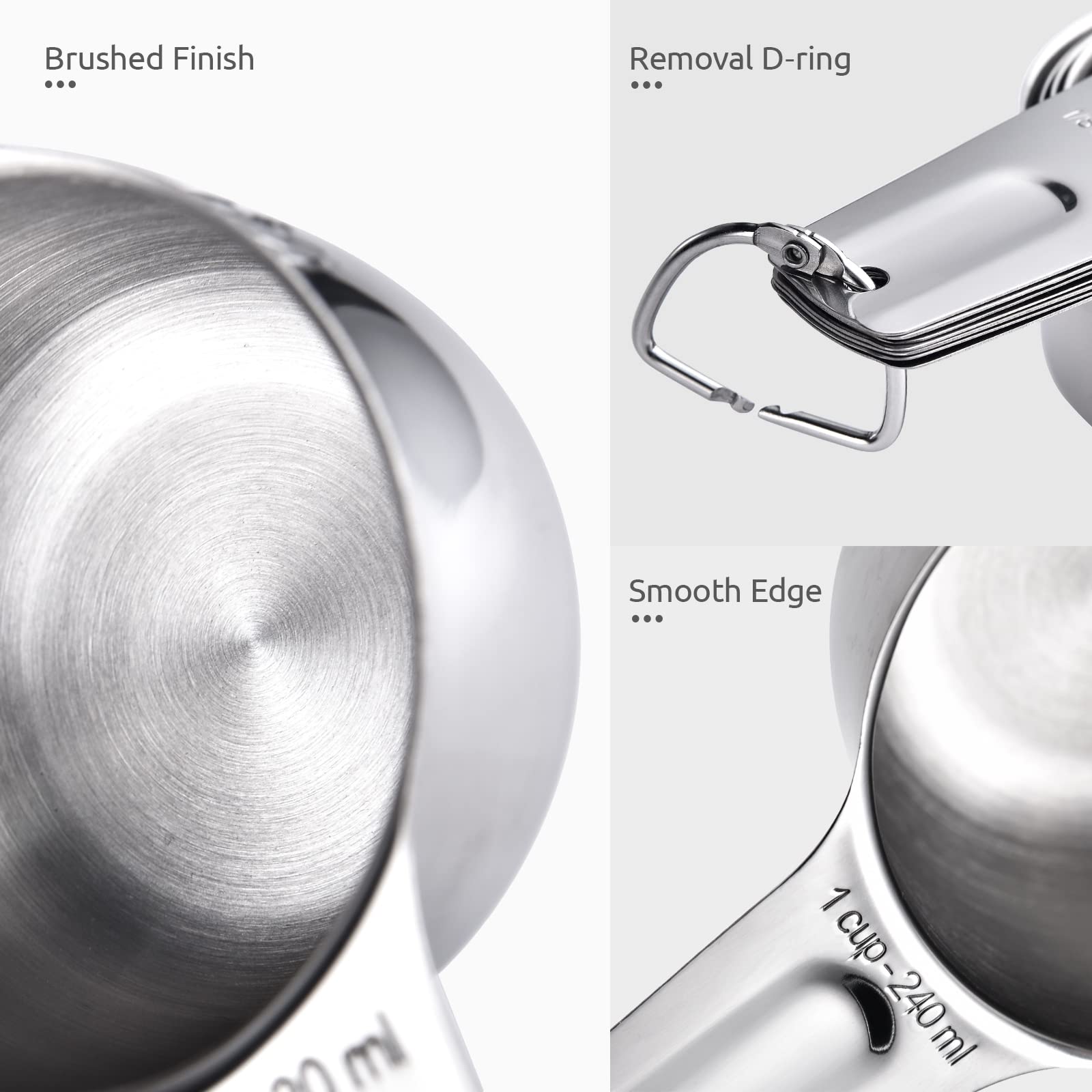 Close-up of a measuring cup with details on brush finish, d-ring removal, and smooth edge.