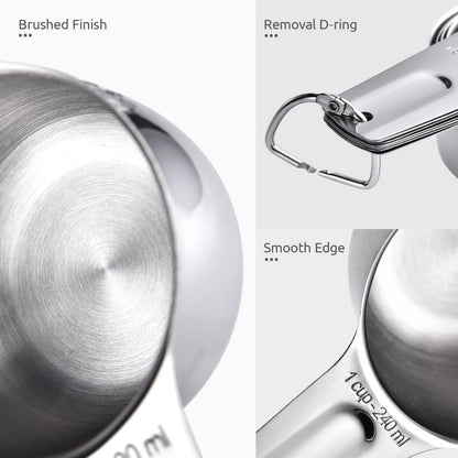Close-up of a measuring cup with details on brush finish, d-ring removal, and smooth edge.