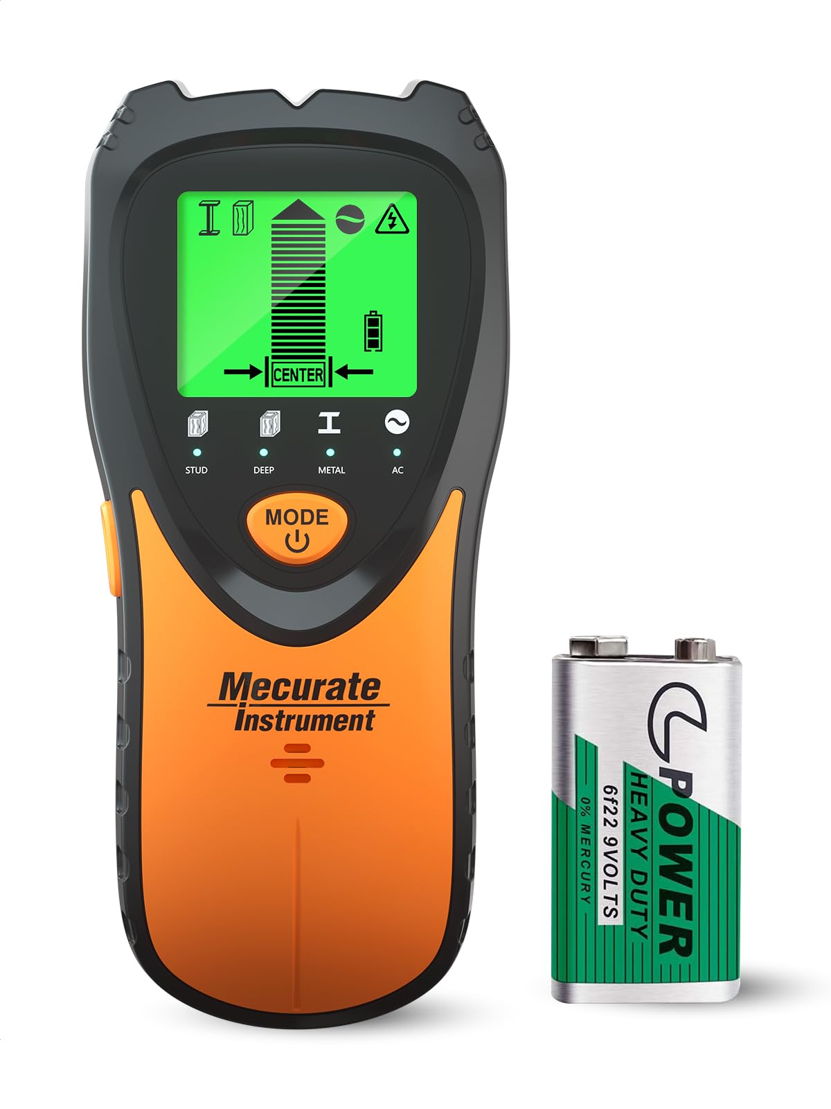 Mecurate 5-in-1 stud finder in orange and dark gray with a green backlit LCD display showing center detection icons and included 9V battery