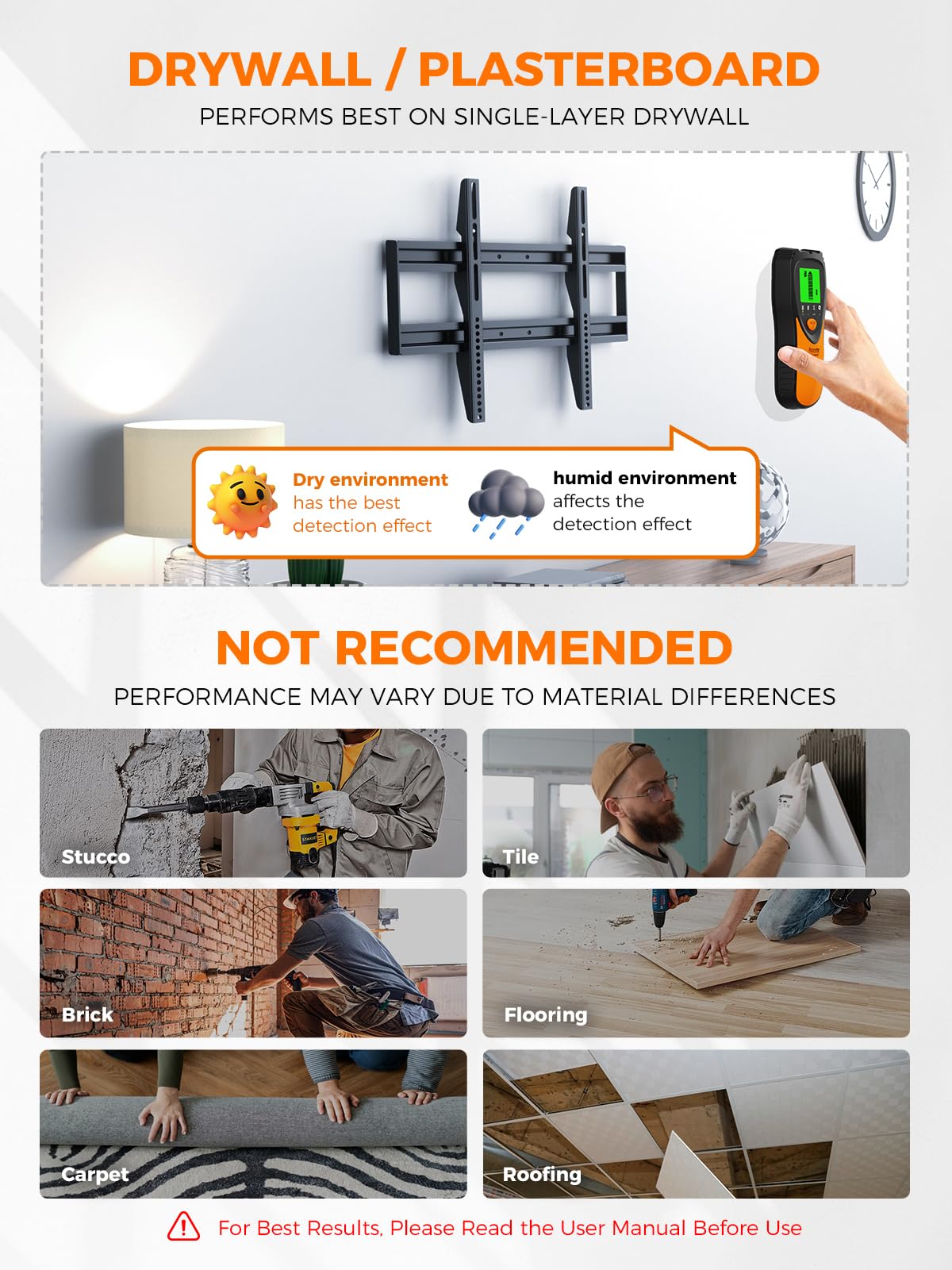 Mecurate 5-in-1 stud finder usage guide infographic showing drywall performance recommendations and surfaces to avoid