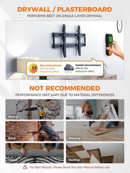 Mecurate 5-in-1 stud finder usage guide infographic showing drywall performance recommendations and surfaces to avoid