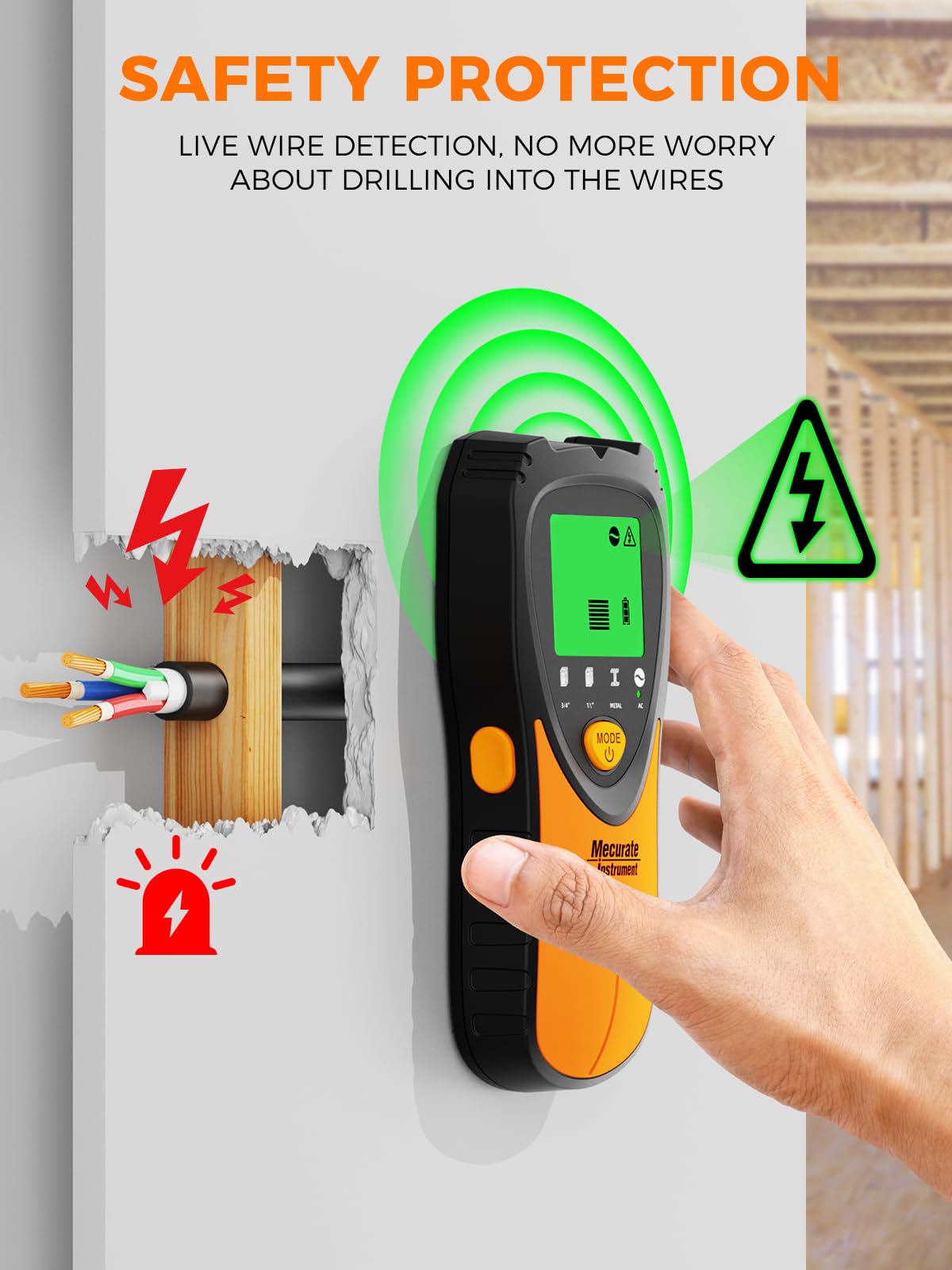 Mecurate 5-in-1 stud finder highlighting live wire safety detection and warning alerts for drilling near electrical hazards
