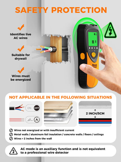 Mecurate 5-in-1 stud finder safety protection infographic highlighting live wire detection, drywall suitability, and non-applicable surfaces