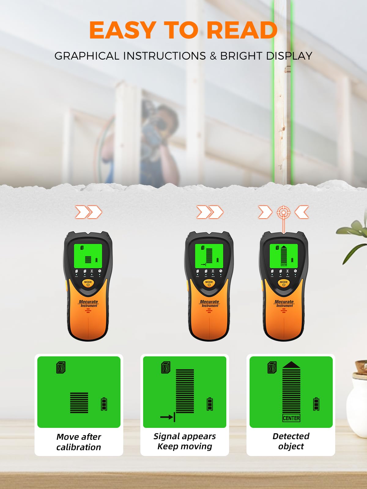 Mecurate 5-in-1 stud finder instruction graphic showing step-by-step calibration, signal detection progress, and center target object identification on an LCD screen