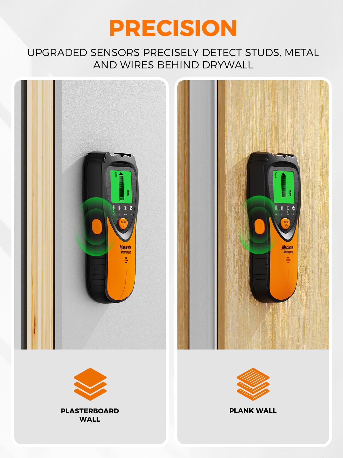 Mecurate 5-in-1 stud finder instruction graphic showing step-by-step calibration, signal detection progress, and center target object identification on an LCD screen