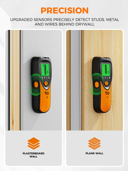 Mecurate 5-in-1 stud finder instruction graphic showing step-by-step calibration, signal detection progress, and center target object identification on an LCD screen