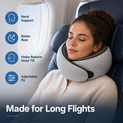 A woman comfortably sleeping on an airplane wearing a Purroch light grey memory foam travel neck pillow. The image includes four feature icons: Neck Support, Better Rest, Helps Reduce Head Tilt, and Adjustable Fit, with the text 'Made for Long Flights'