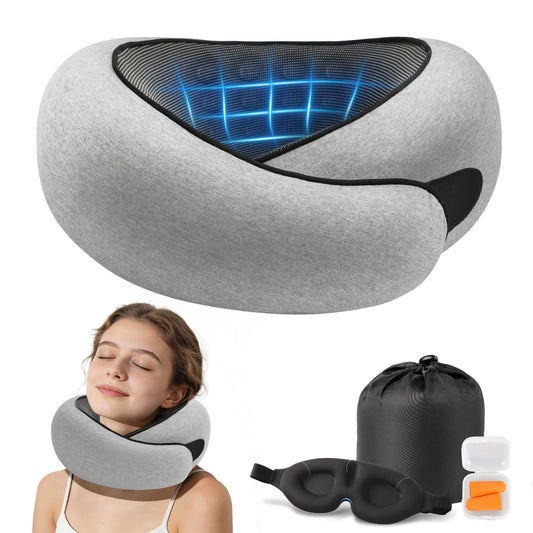 Purroch light grey memory foam travel neck pillow with blue support grid diagram, shown with a wearing model, black storage pouch, eye mask, and earplugs set.