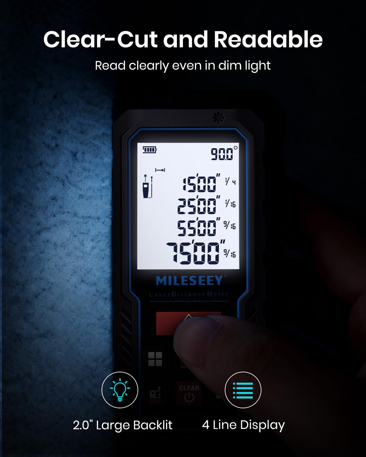 MILESEEY Laser Measure 2.0-inch large backlit display and 4-line reading screen shown in dim light conditions