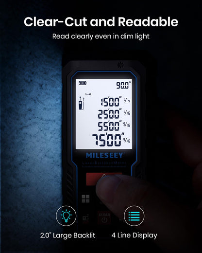 MILESEEY Laser Measure 2.0-inch large backlit display and 4-line reading screen shown in dim light conditions