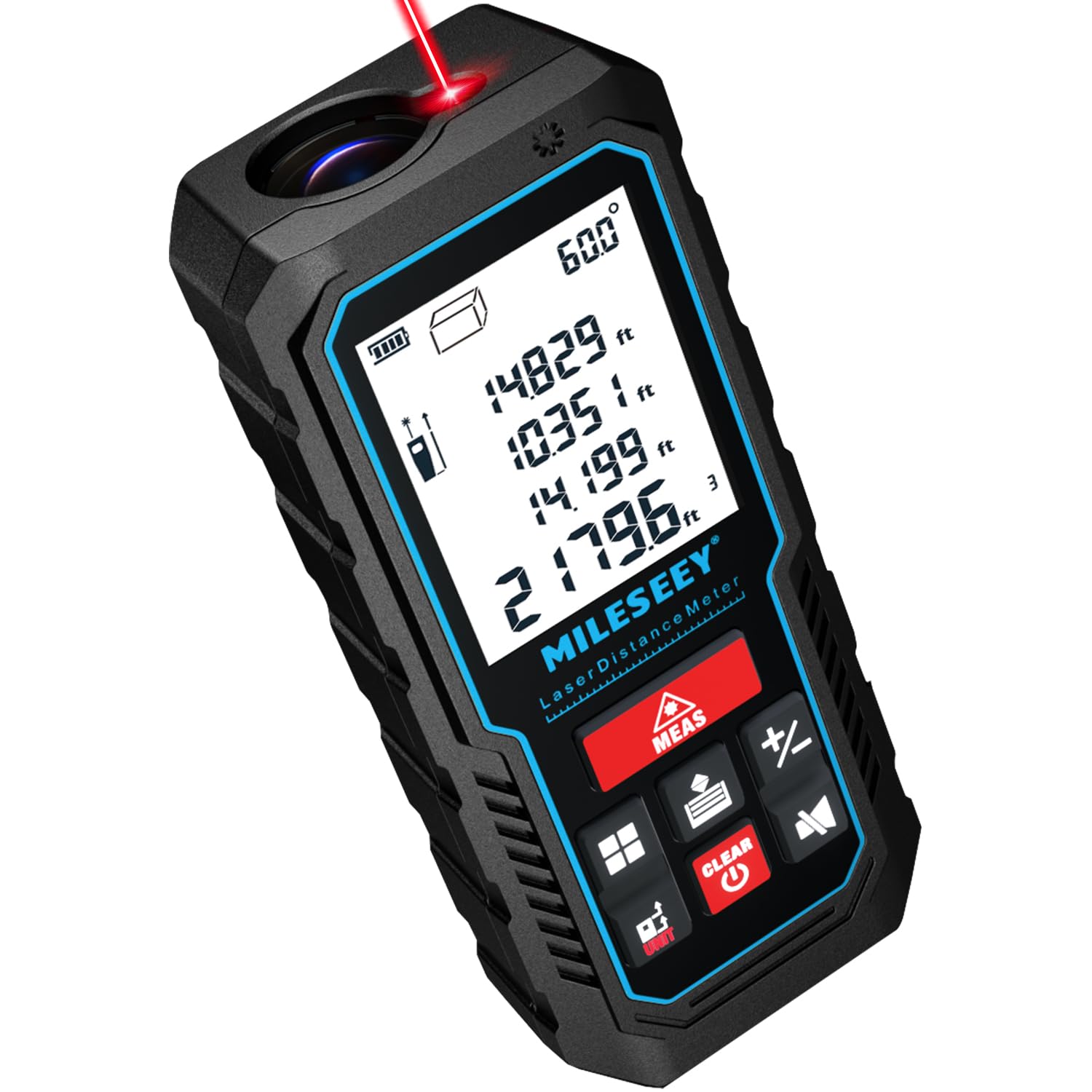 MILESEEY 229ft Laser Measure front view displaying the backlit LCD screen and buttons