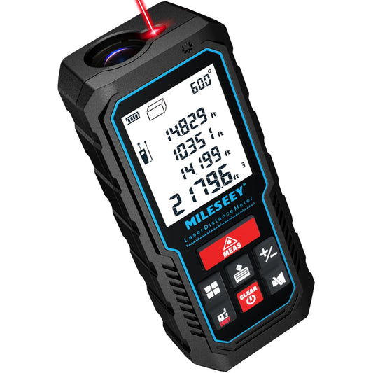 MILESEEY 229ft Laser Measure front view displaying the backlit LCD screen and buttons
