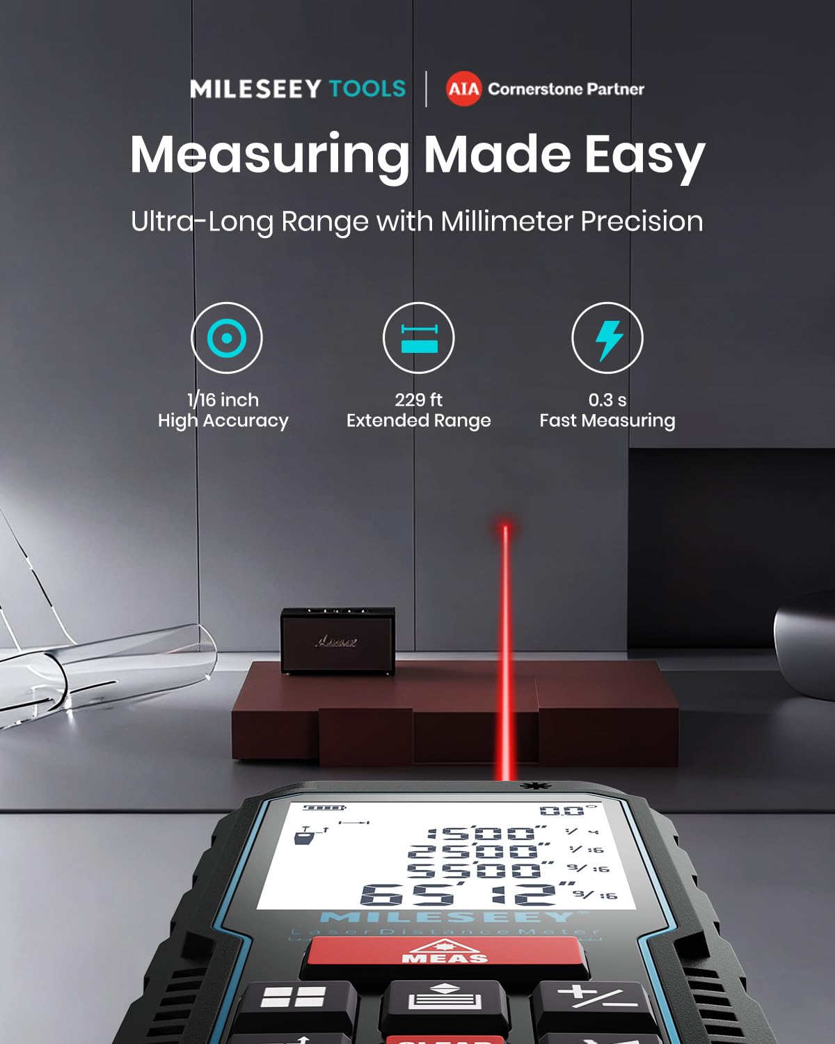 MILESEEY Laser Measure overview displaying ultra-long range, millimeter precision, and the digital LCD screen with measurement readings