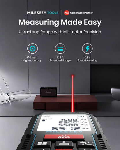 MILESEEY Laser Measure overview displaying ultra-long range, millimeter precision, and the digital LCD screen with measurement readings